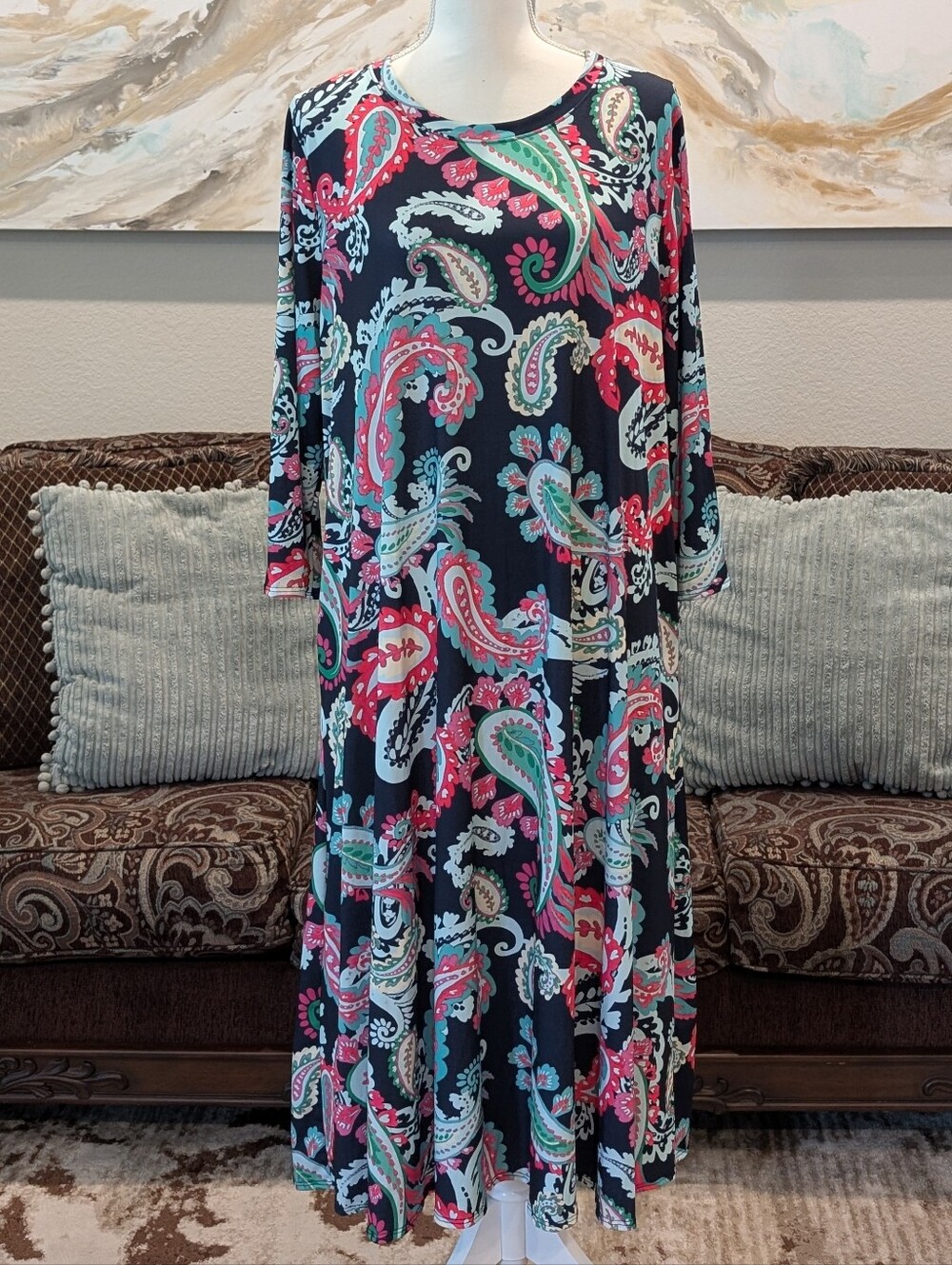 Women’s Navy Paisley Dress with Pink & Teal Accents